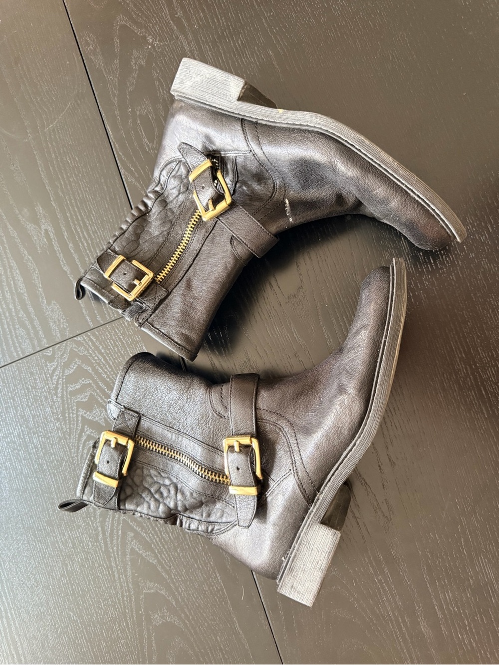 Vince Camuto Black Leather Buckle & Zip Combat Boots with Gold Hardware